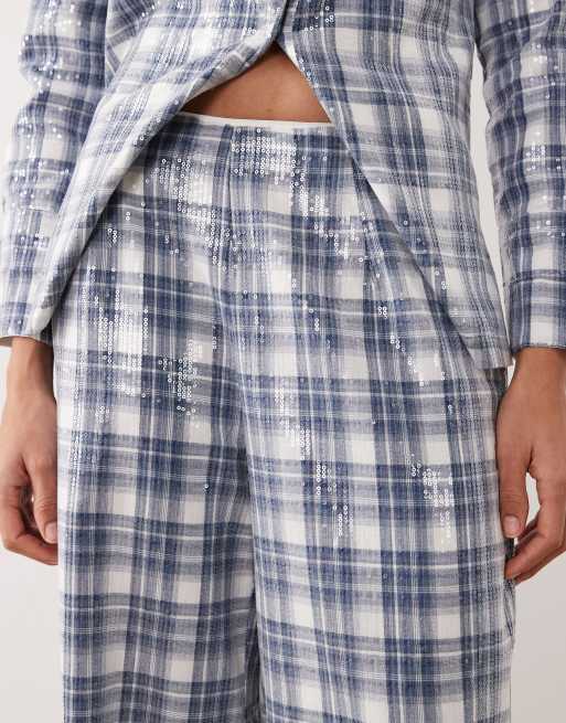 Ghospell Maya sequin tartan print wide leg trouser co-ord in blue, 4 of 5