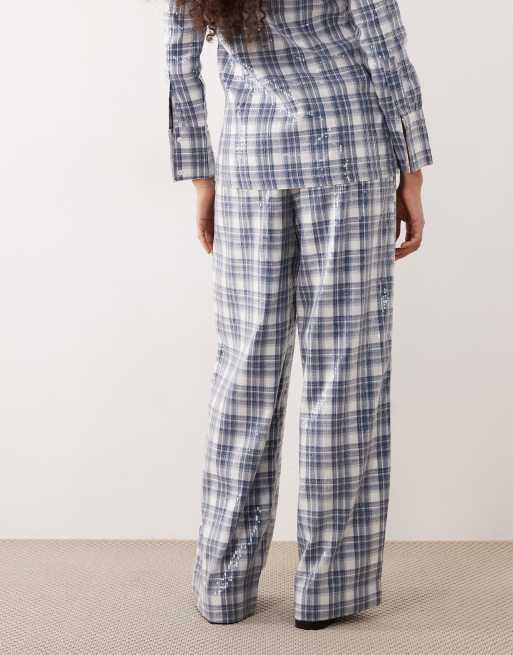 Ghospell Maya sequin tartan print wide leg trouser co-ord in blue, 5 of 5