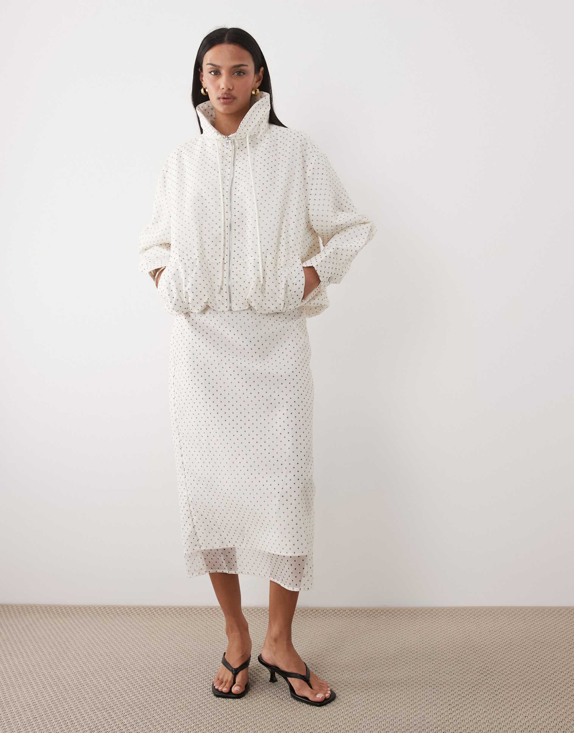 ghospell mesh lined polka dot midi skirt in ivory - part of a set