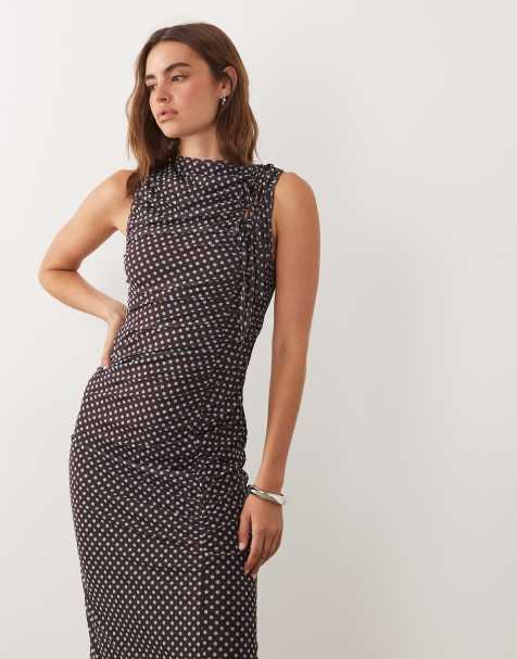 Ghospell mesh overlay sleeveless ruched detail slinky midi dress in brown polka dot - view 1