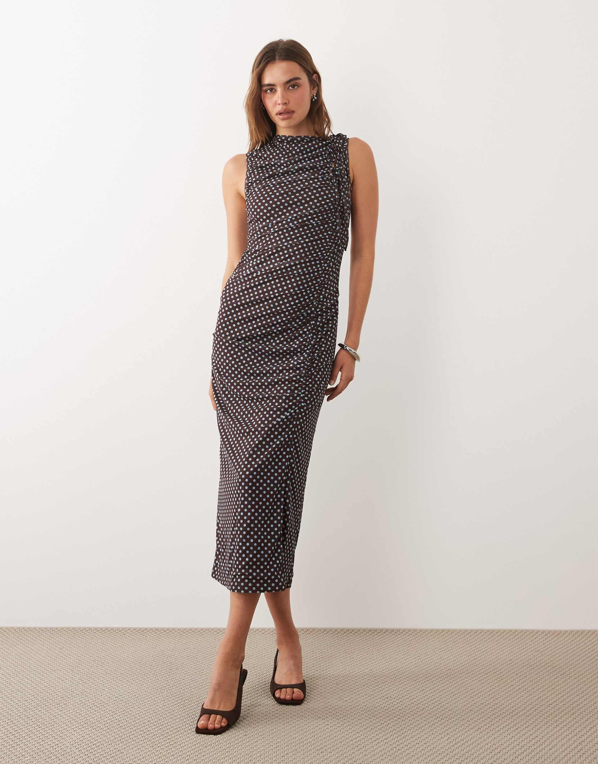 ghospell mesh overlay sleeveless ruched detail slinky midi dress in brown polka dot