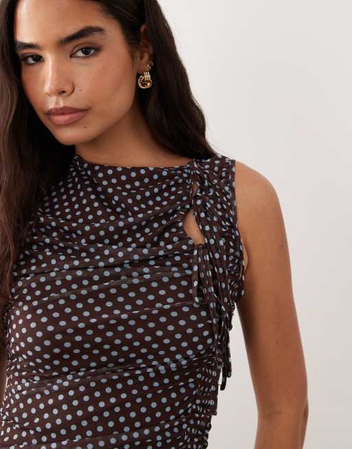 Ghospell mesh overlay sleeveless ruched detail slinky midi dress in brown polka dot, 2 of 4