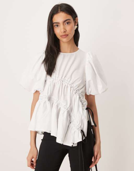 Ghospell Micaela exclusive puff sleeve ruched detail top in white, 4 of 4