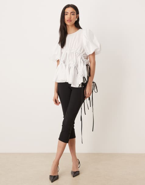 Ghospell Micaela exclusive ruched puff sleeve top in white - view 1