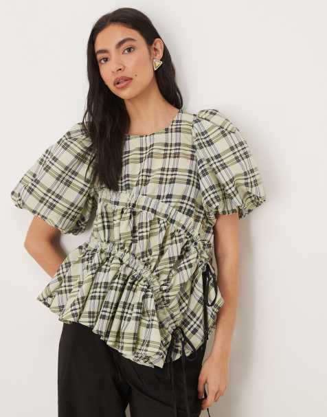 Ghospell Micaela puff sleeve ruched detail top in green check - view 1