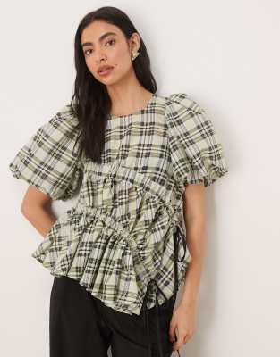 Ghospell Micaela Round Neck Puff Sleeve Ruched Detail Top In Gray