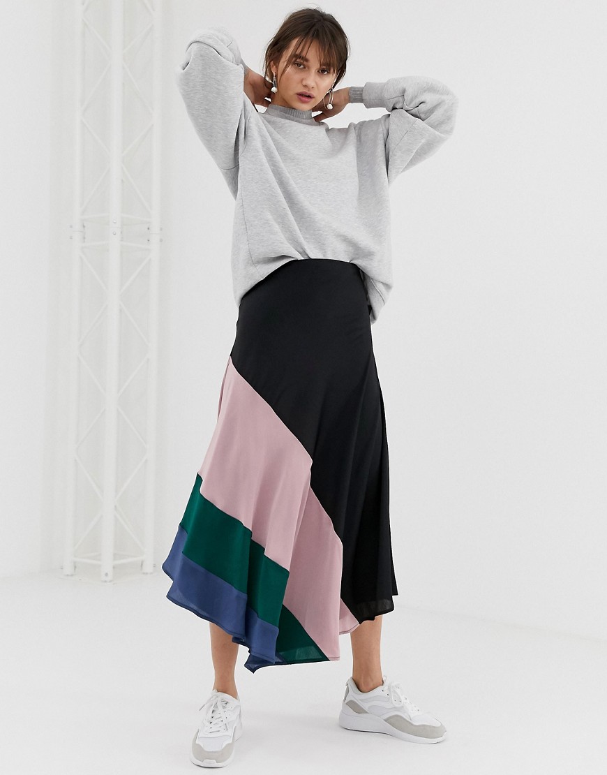 Ghospell midaxi skirt in colour block stripe satin-Multi