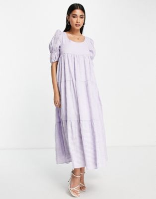 Ghospell midaxi smock dress with tie back and tiers in lilac