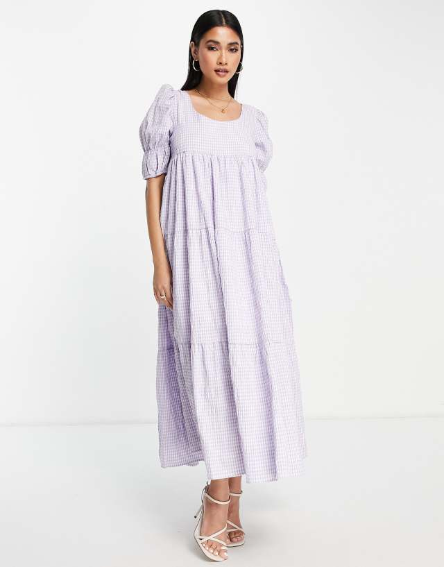 Ghospell midaxi smock dress with tie back and tiers in lilac