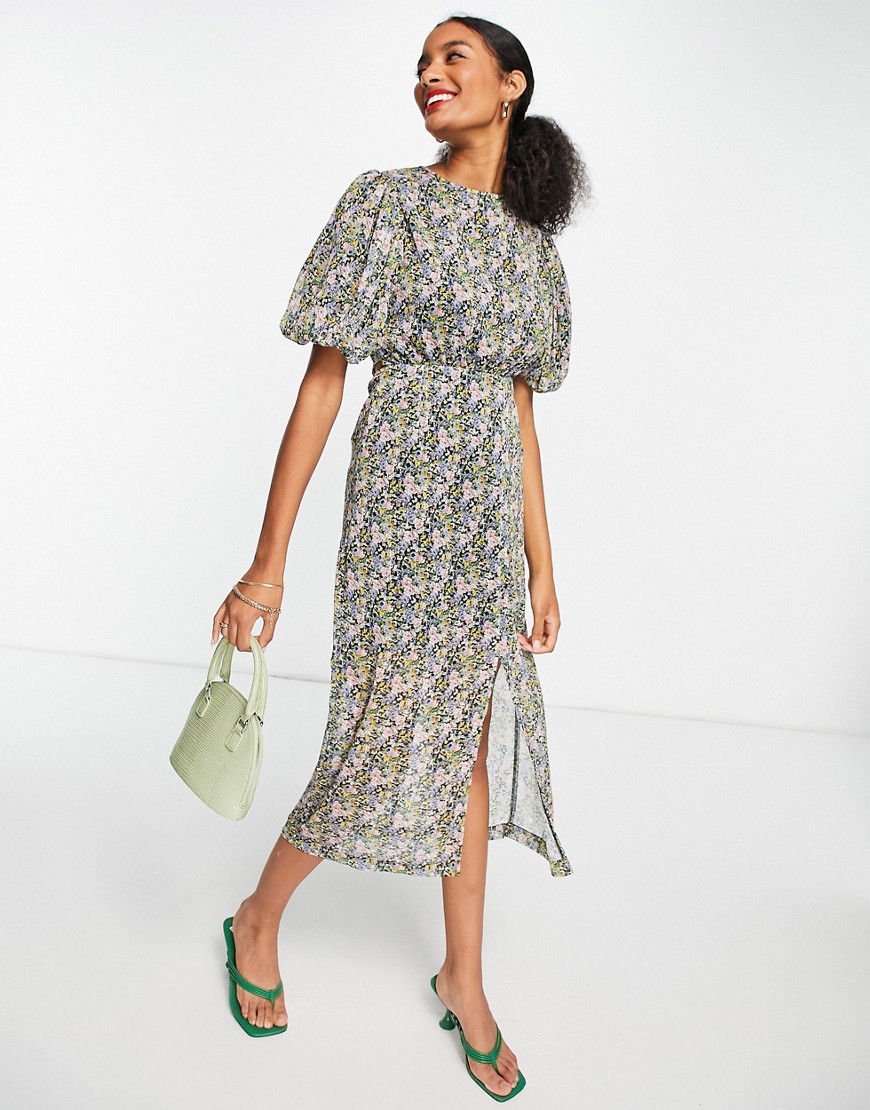 midi dress with back detail in ditsy floral-Blues