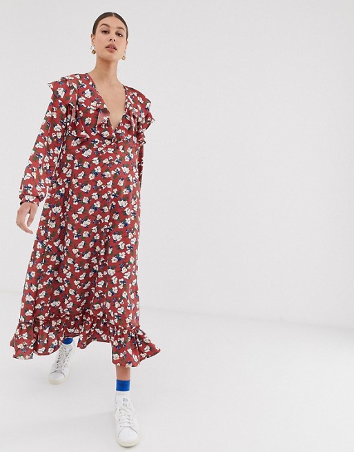 Ghospell oversized midi dress with ruffle hem and sleeves in floral print