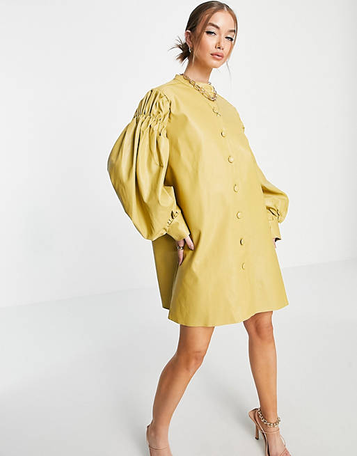 Ghospell mini collarless shirt dress with puff sleeves in mustard faux leather