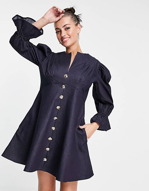 Ghospell mini dress with puff sleeves and buttons in navy