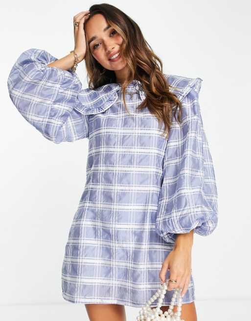 Ghospell mini smock dress with oversized collar in blue check