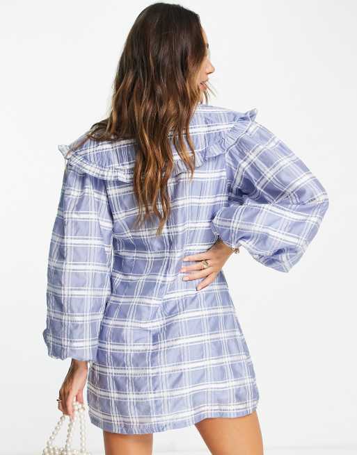 Ghospell mini smock dress with oversized collar in blue check, 3 of 4