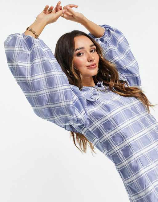 Ghospell mini smock dress with oversized collar in blue check, 4 of 4