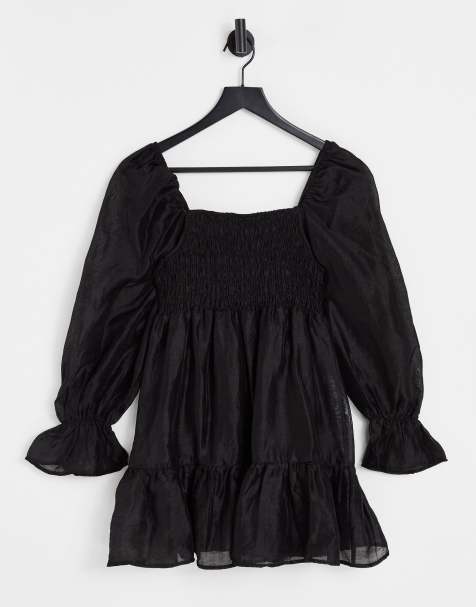 Ghospell mini smock dress with puff sleeves in black - view 1
