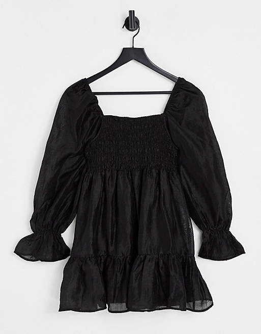 Ghospell mini smock dress with puff sleeves in black
