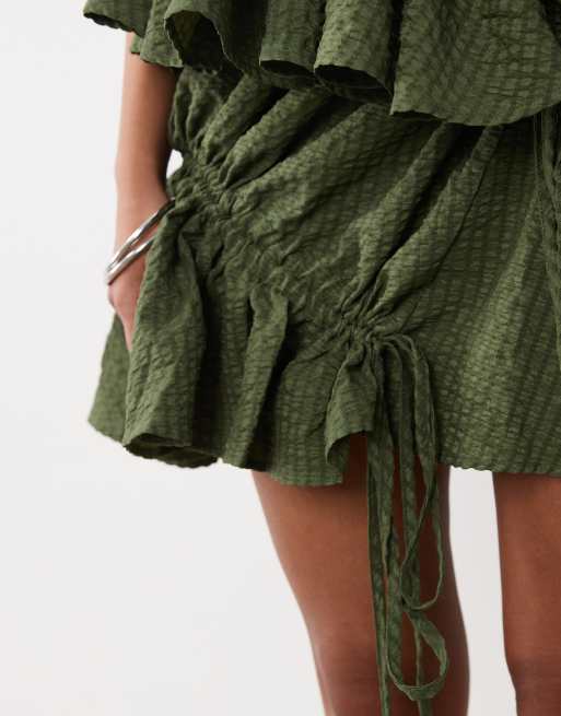 Ghospell - Minigonna svolazzante verde scuro con coulisse in coordinato, 3 di 5