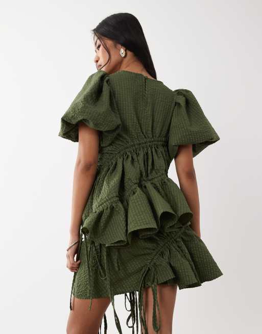 Ghospell - Minigonna svolazzante verde scuro con coulisse in coordinato, 5 di 5