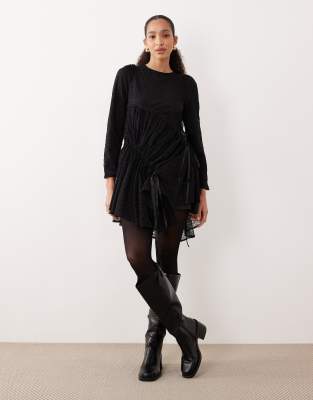 Ghospell - Minikleid aus Baumwollmix mit Spitze und gerafftem Bindedetail-Schwarz