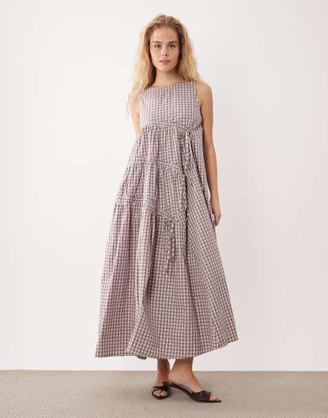 Ghospell - Mouwloze gerimpelde midi jurk met gingham ruit in roze - view 1