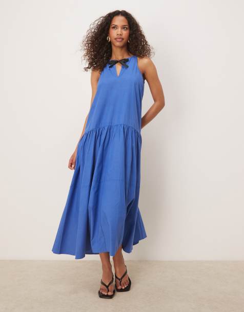 Ghospell – Niebieska warstwowa sukienka midi z kontrastową kokardką - view 1