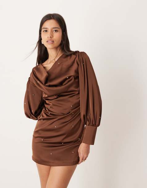 Ghospell Octavia cowl front balloon sleeve studded satin mini dress in brown - view 1