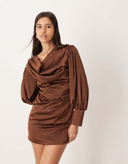 Ghospell Octavia cowl front satin mini dress in chocolate brown
