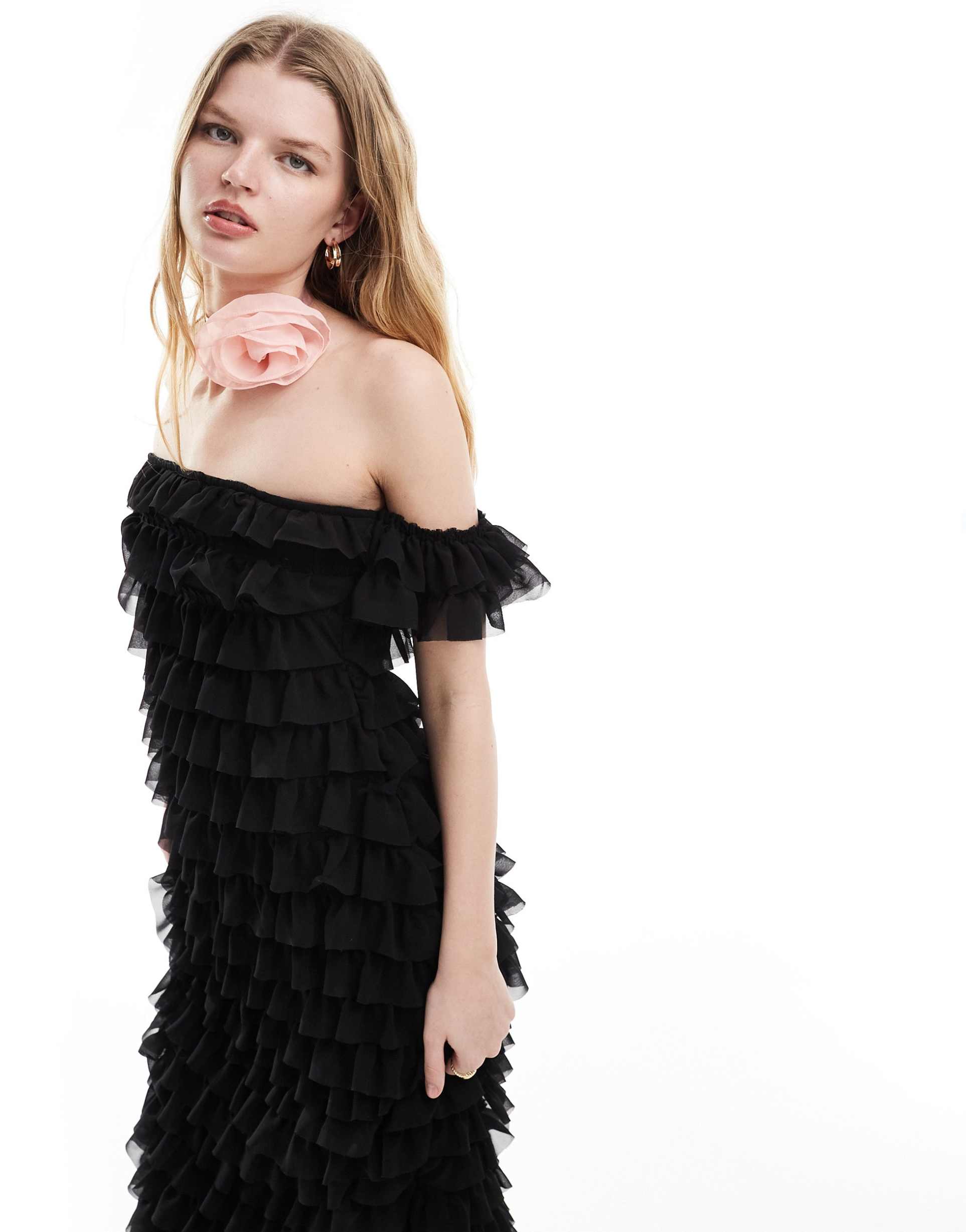 ghospell off-shoulder textured midaxi dress in black