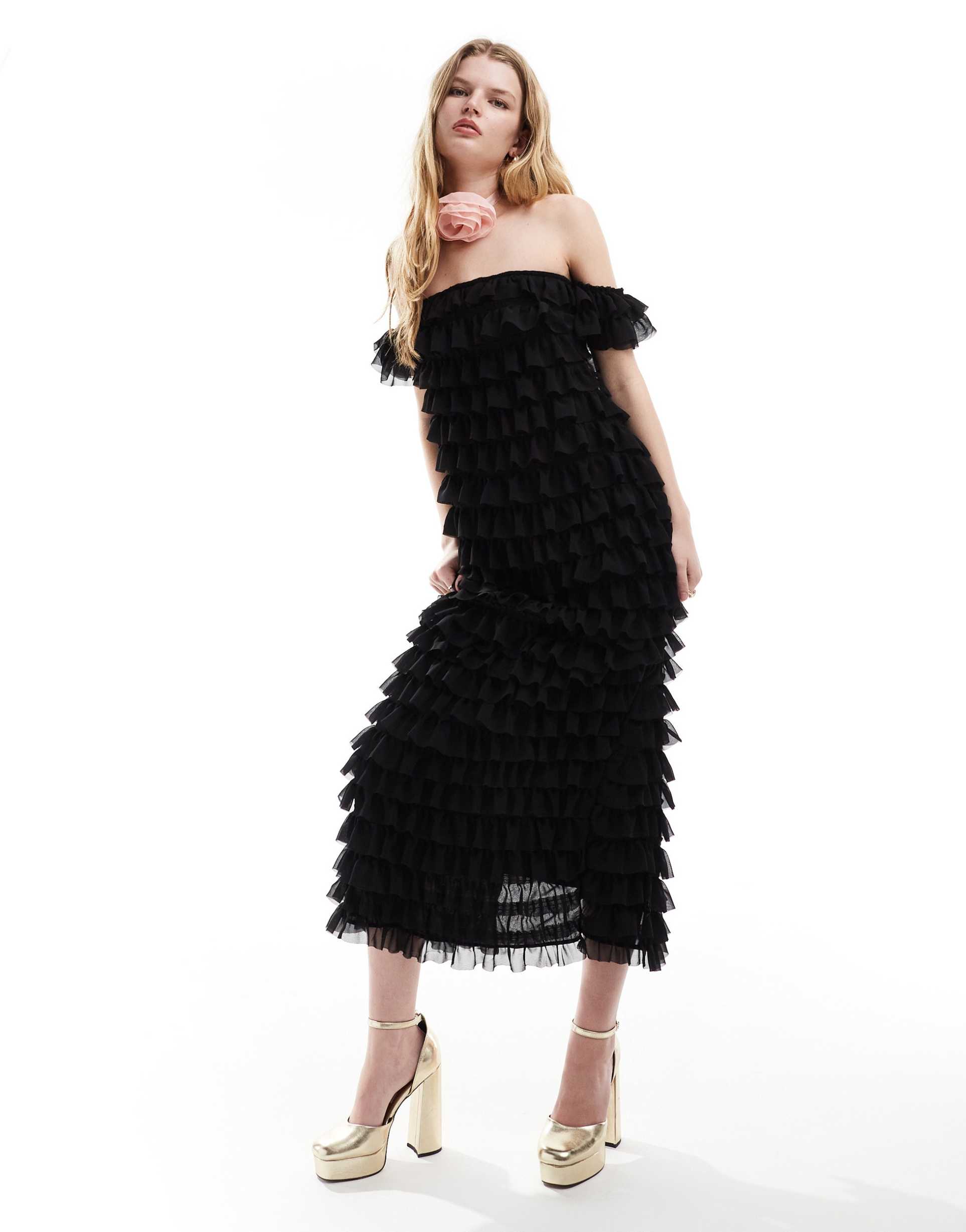 ghospell off-shoulder textured midaxi dress in black