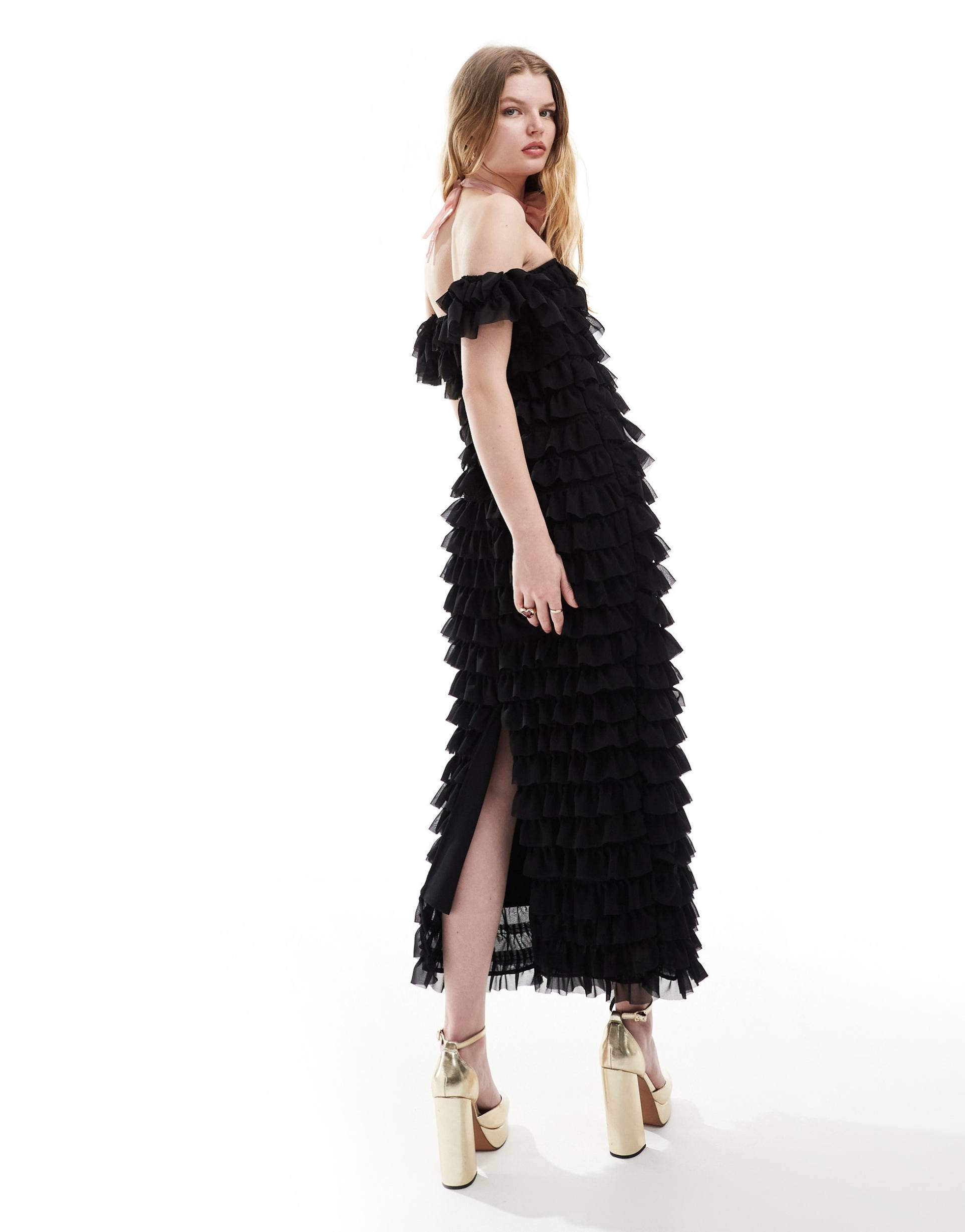 ghospell off-shoulder textured midaxi dress in black