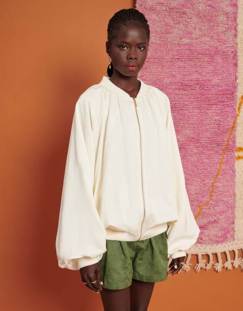 Ghospell oversized balloon sleeve bomber jacket in ivory - view 1