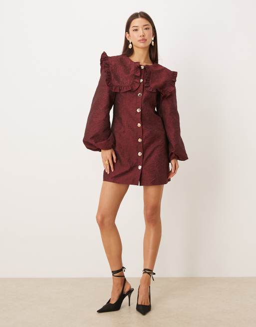 Ghospell oversized collar balloon sleeve mini dress in burgundy, 2 of 4