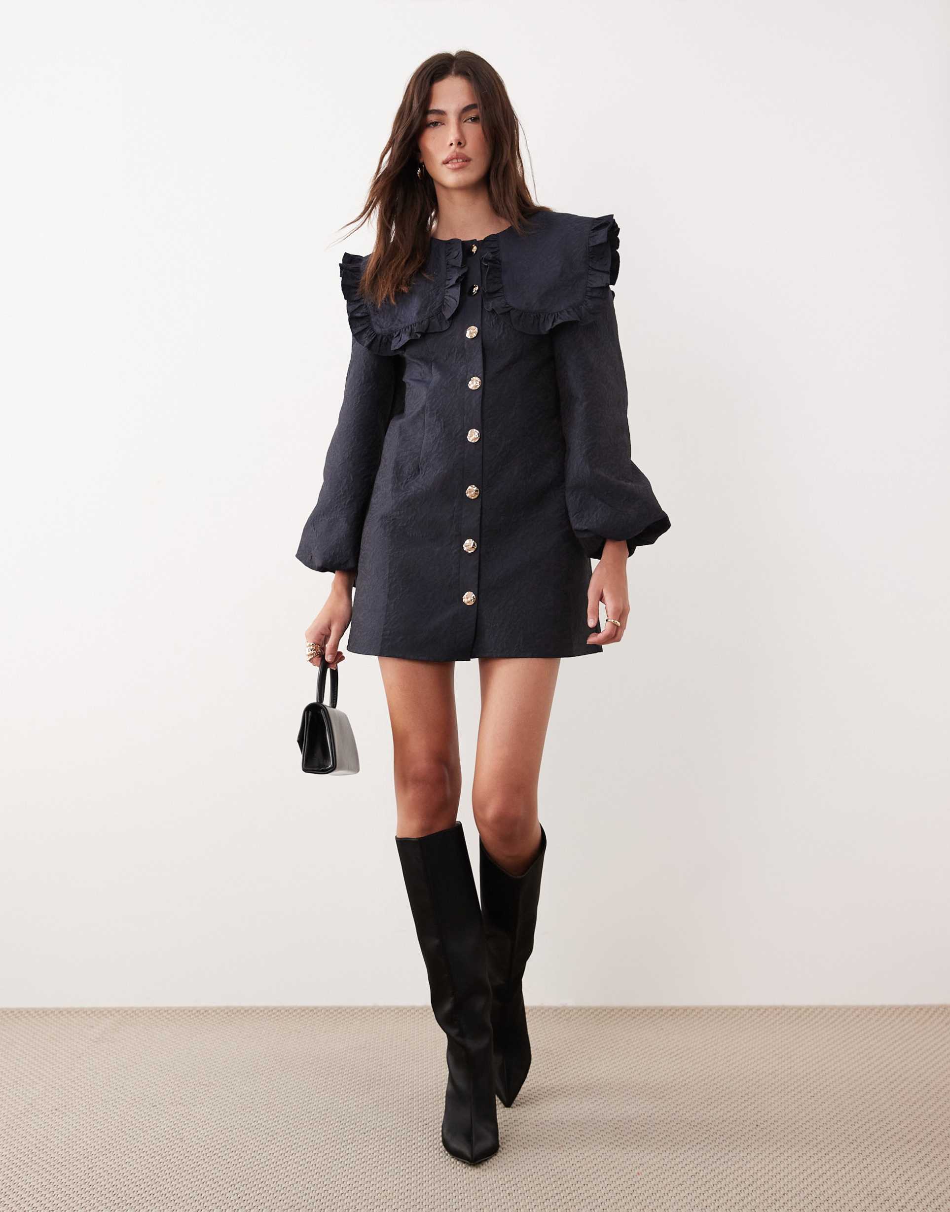 ghospell oversized collar balloon sleeve mini dress in navy
