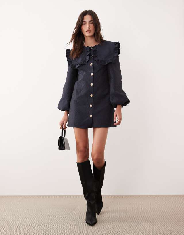 knee length balloon dress Ghospell oversized collar sleeve mini in navy Black dress