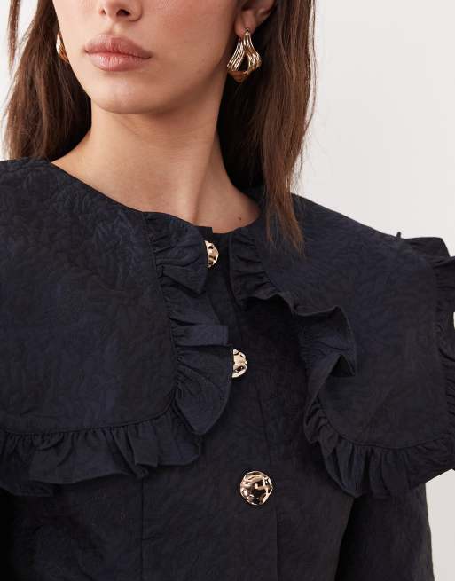 Ghospell oversized collar balloon sleeve mini dress in navy, 2 of 4
