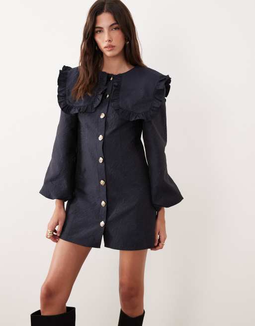 Ghospell oversized collar balloon sleeve mini dress in navy, 4 of 4