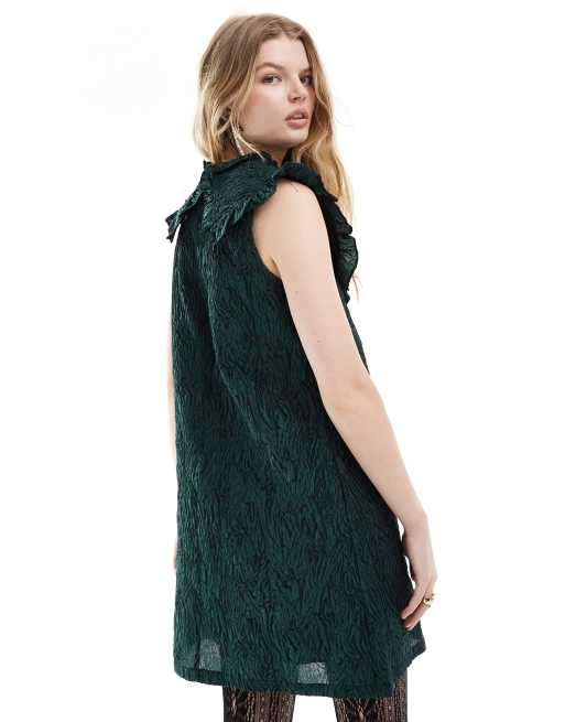 Ghospell oversized collar jacquard mini dress in forest green | ASOS