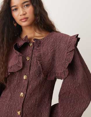 Ghospell Oversized Collar Mini Dress In Brown