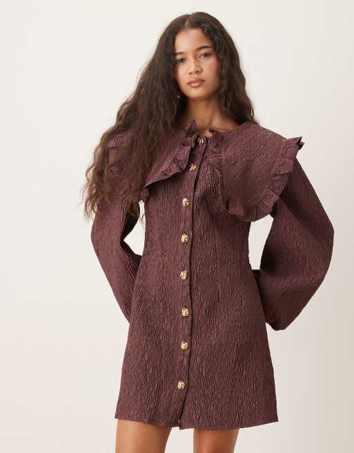 Ghospell oversized collar mini dress in brown, 3 of 4