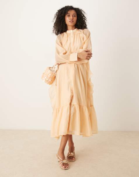 Ghospell oversized frill midaxi dress in taupe - view 1