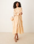 [Ghospell] Ghospell oversized frill midaxi dress in taupe-Neutral M Plus Taupe