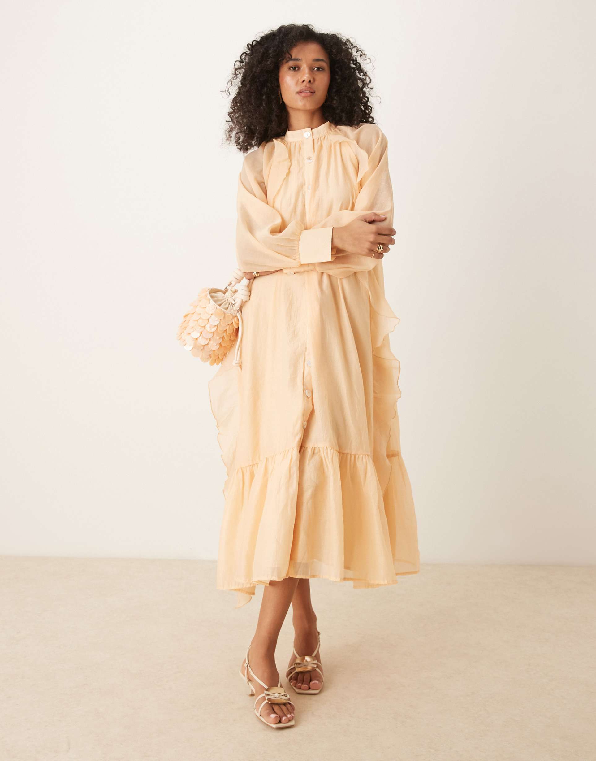 ghospell oversized frill midaxi dress in taupe