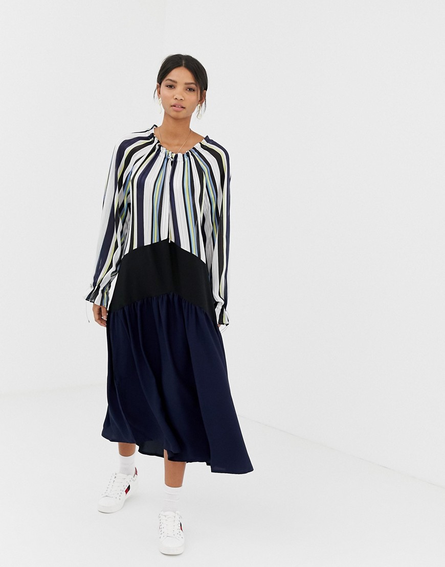 Ghospell oversized midi dress with pleated skirt in colour block stripe-Navy
