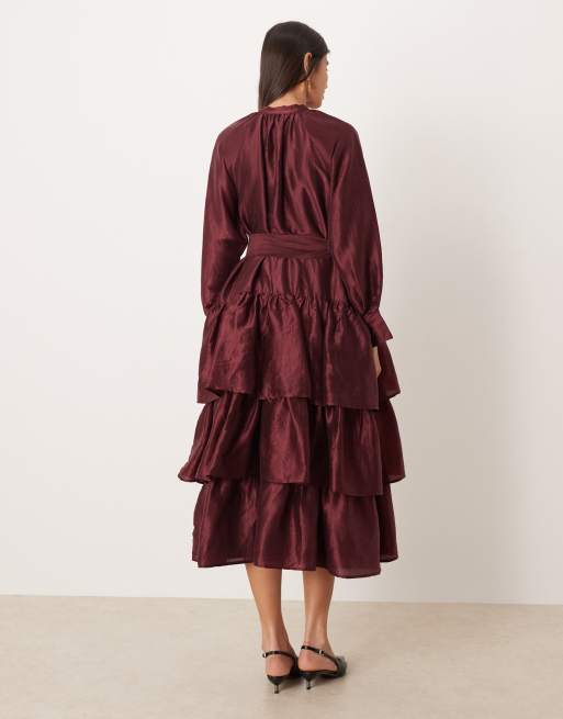 Ghospell - Oversized midi-jurk met stroken en knopen in bordeauxrood, 3 van 4