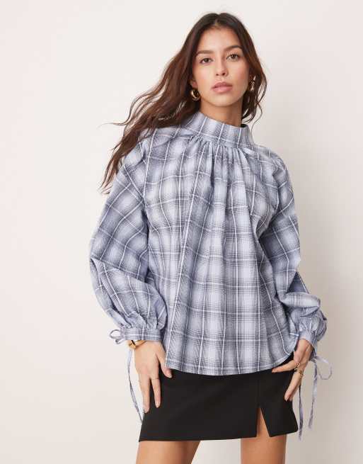 Ghospell oversized plaid top in blue