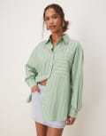 [Ghospell] Ghospell oversized shirt in green and white stripe print L Green