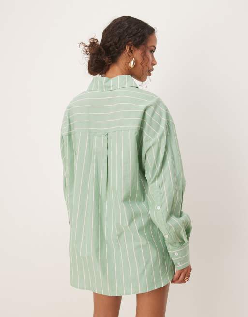 Ghospell oversized shirt in green and white stripe print, 3 of 4