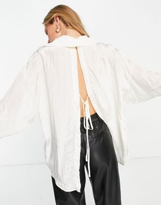 Ghospell  oversized shirt with open back in cream co-ord